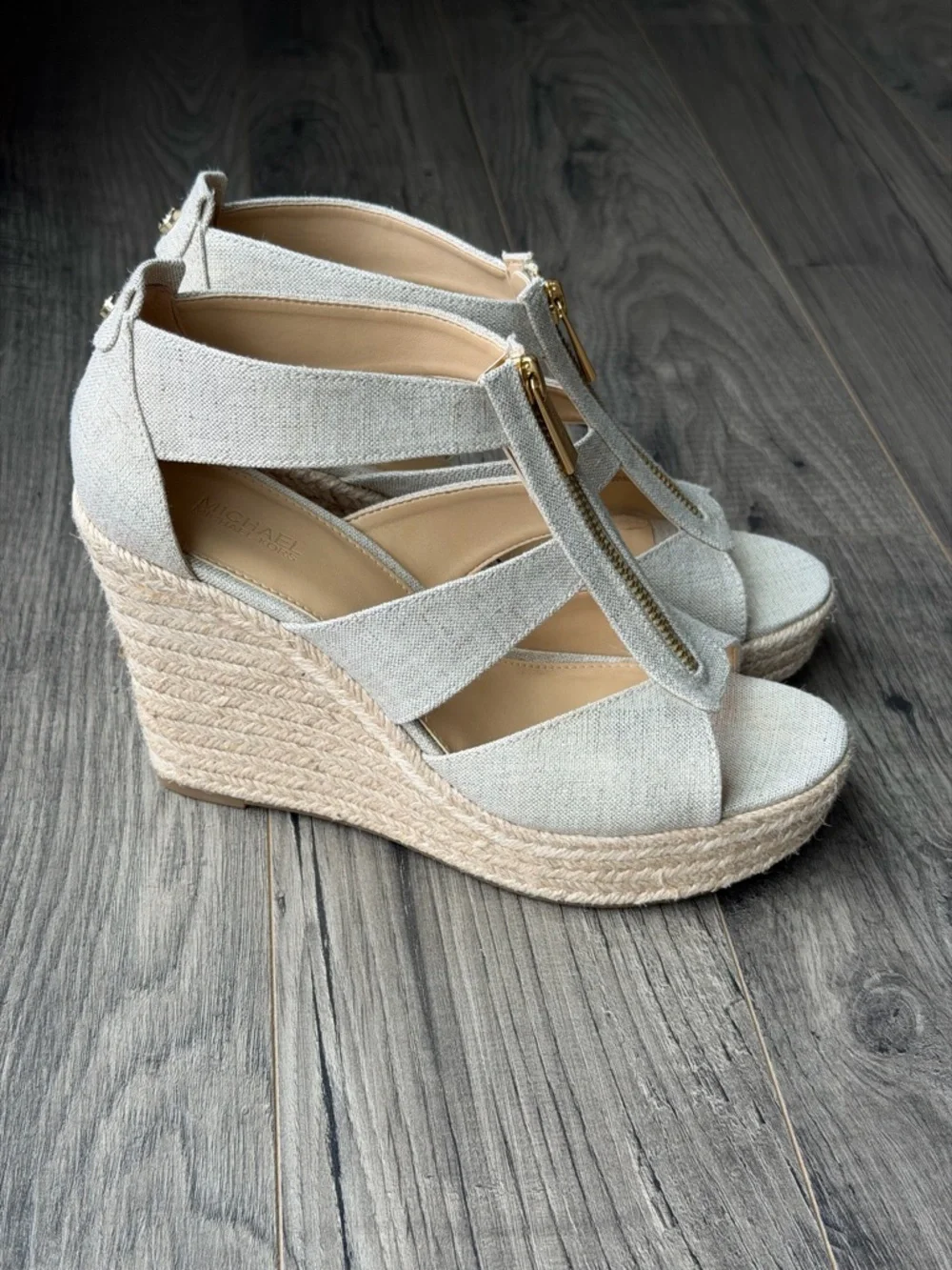 Michael Kors Damita Espadrille Wedge Sandals with Gold Zipper - Linen Look - 8